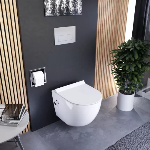 HD Vario White perem nélküli mély öblítésű íves fali WC, bidé funkcióval, slim "F" tetővel és fényes króm zsanérral