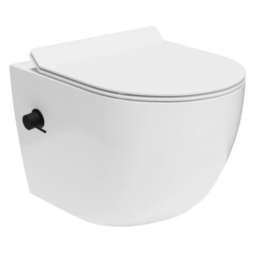 HD Vario White perem nélküli mély öblítésű íves fali WC, bidé funkcióval, slim "F" tetővel és matt fekete zsanérral