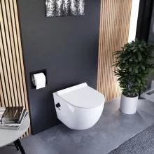 HD Vario White perem nélküli mély öblítésű íves fali WC, bidé funkcióval, slim "F" tetővel és matt fekete zsanérral