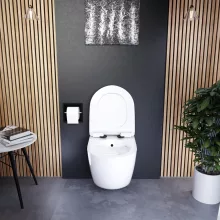 HD Vario White perem nélküli mély öblítésű íves fali WC, bidé funkcióval, slim "F" tetővel és matt fekete zsanérral
