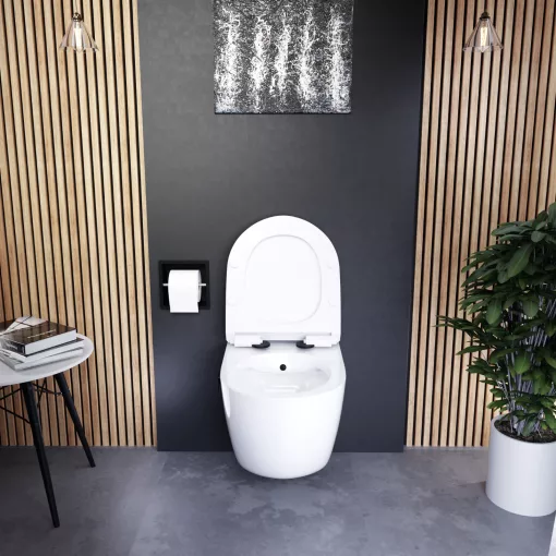 HD Vario White perem nélküli mély öblítésű íves fali WC, bidé funkcióval, slim "F" tetővel és matt fekete zsanérral