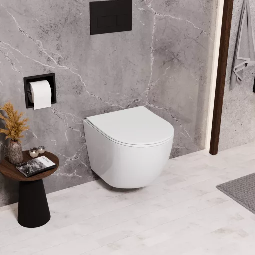 HD Lara White ultracsendes tornado fali rimless WC slim "P" tetővel és matt fekete zsanérral