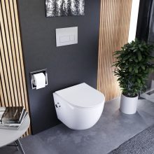 HD Vario White perem nélküli mély öblítésű íves fali WC, bidé funkcióval, slim "P" tetővel és fényes króm zsanérral