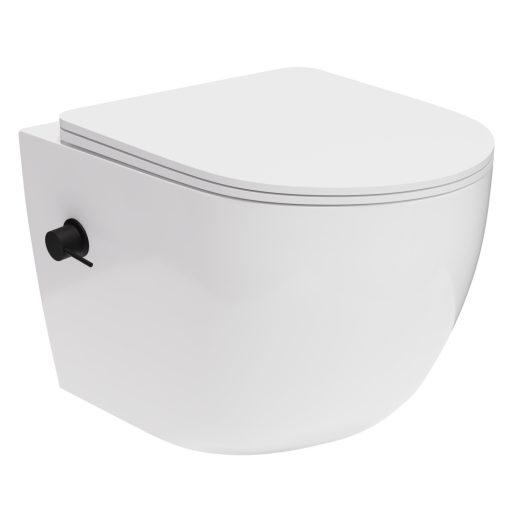 HD Vario White perem nélküli mély öblítésű íves fali WC, bidé funkcióval, slim "P" tetővel és matt fekete zsanérral