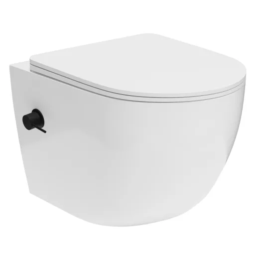 HD Vario White perem nélküli mély öblítésű íves fali WC, bidé funkcióval, slim "P" tetővel és matt fekete zsanérral