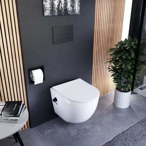 HD Vario White perem nélküli mély öblítésű íves fali WC, bidé funkcióval, slim "P" tetővel és matt fekete zsanérral