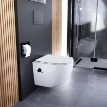 HD Vario White perem nélküli mély öblítésű íves fali WC, bidé funkcióval, slim "P" tetővel és matt fekete zsanérral
