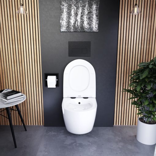 HD Vario White perem nélküli mély öblítésű íves fali WC, bidé funkcióval, slim "P" tetővel és matt fekete zsanérral