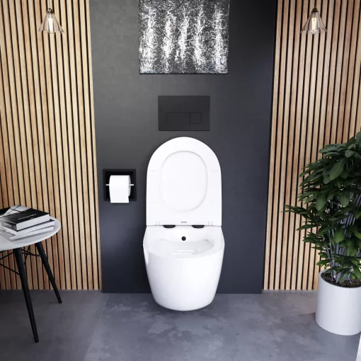 HD Vario White perem nélküli mély öblítésű íves fali WC, bidé funkcióval, slim "P" tetővel és matt fekete zsanérral