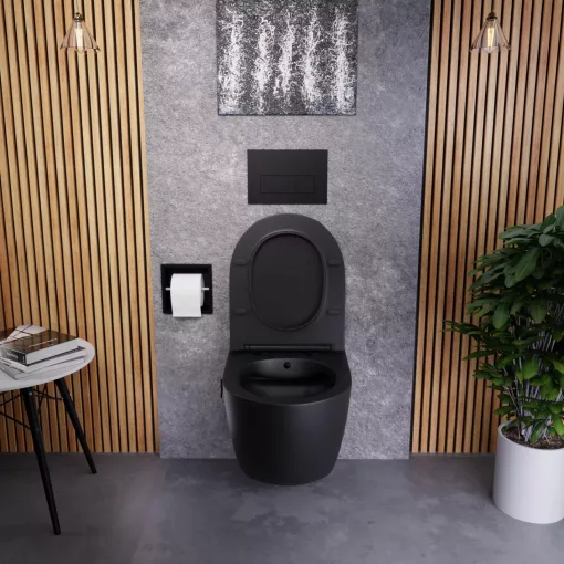 HD Vario White perem nélküli mély öblítésű íves fali WC, fekete bidé funkcióval, tető nélkül