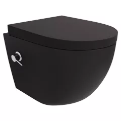   HD Vario Matt Black perem nélküli mély öblítésű íves fali WC, krómozott bidé funkcióval, compact "A" tetővel és matt fekete zsanérral