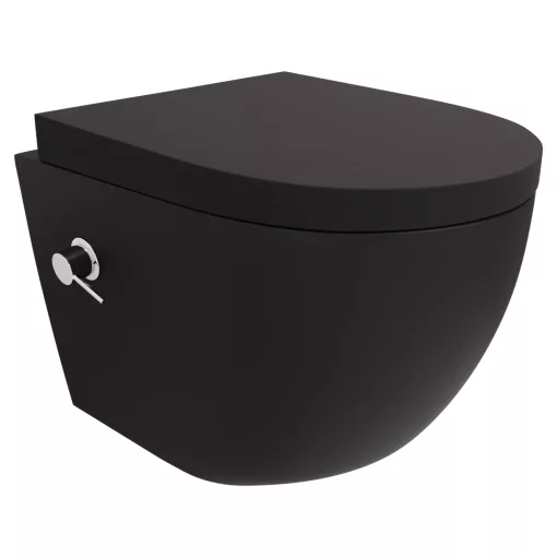 HD Vario Matt Black perem nélküli mély öblítésű íves fali WC, krómozott bidé funkcióval, compact "A" tetővel és matt fekete zsanérral