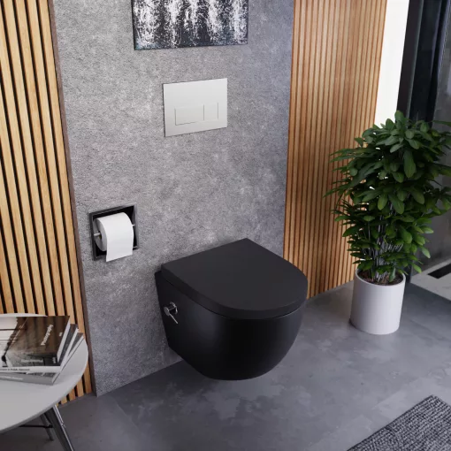 HD Vario Matt Black perem nélküli mély öblítésű íves fali WC, krómozott bidé funkcióval, compact "A" tetővel és matt fekete zsanérral