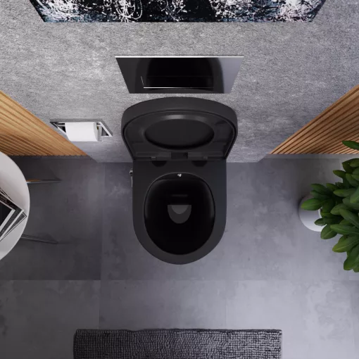 HD Vario Matt Black perem nélküli mély öblítésű íves fali WC, krómozott bidé funkcióval, compact "A" tetővel és matt fekete zsanérral