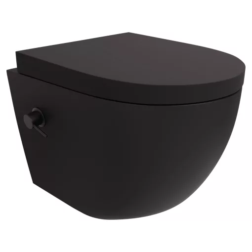HD Vario Matt Black perem nélküli mély öblítésű íves fali WC, bidé funkcióval, compact "A" tetővel és matt fekete zsanérral