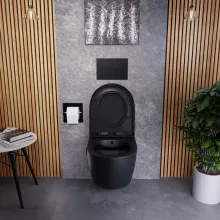 HD Vario Matt Black perem nélküli mély öblítésű íves fali WC, bidé funkcióval, compact "A" tetővel és matt fekete zsanérral