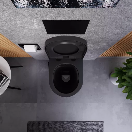 HD Vario Matt Black perem nélküli mély öblítésű íves fali WC, bidé funkcióval, compact "A" tetővel és matt fekete zsanérral