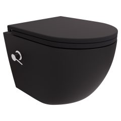   HD Vario Matt Black perem nélküli mély öblítésű íves fali WC, krómozott bidé funkcióval, slim "A" tetővel és matt fekete zsanérral