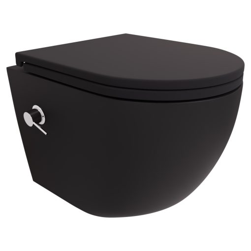 HD Vario Matt Black perem nélküli mély öblítésű íves fali WC, krómozott bidé funkcióval, slim "A" tetővel és matt fekete zsanérral