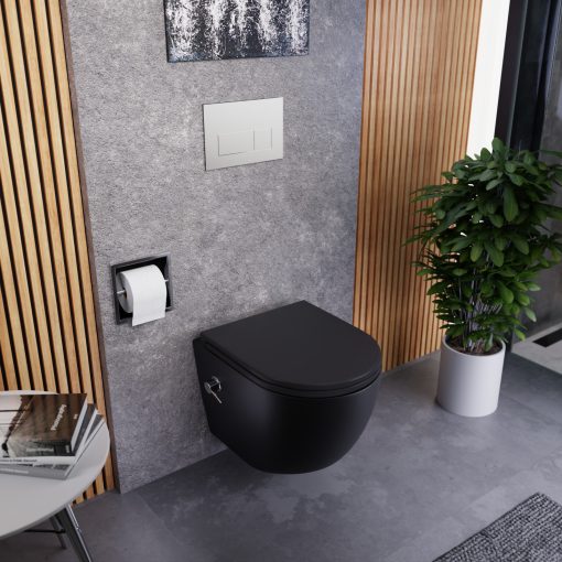 HD Vario Matt Black perem nélküli mély öblítésű íves fali WC, krómozott bidé funkcióval, slim "A" tetővel és matt fekete zsanérral