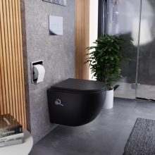 HD Vario Matt Black perem nélküli mély öblítésű íves fali WC, krómozott bidé funkcióval, slim "A" tetővel és matt fekete zsanérral