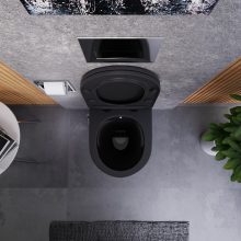 HD Vario Matt Black perem nélküli mély öblítésű íves fali WC, krómozott bidé funkcióval, slim "A" tetővel és matt fekete zsanérral