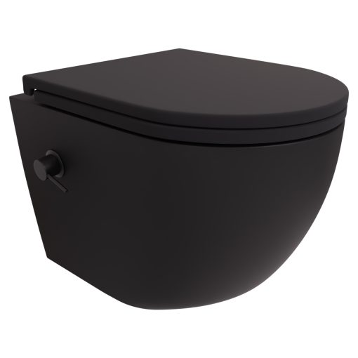HD Vario Matt Black perem nélküli mély öblítésű íves fali WC, bidé funkcióval, slim "A" tetővel és matt fekete zsanérral