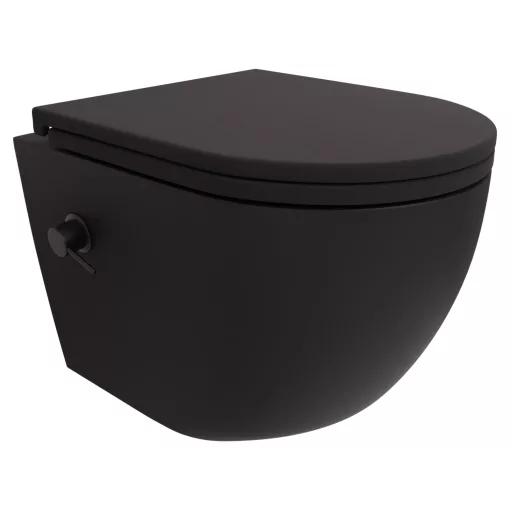 HD Vario Matt Black perem nélküli mély öblítésű íves fali WC, bidé funkcióval, slim "A" tetővel és matt fekete zsanérral