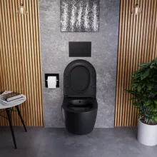 HD Vario Matt Black perem nélküli mély öblítésű íves fali WC, bidé funkcióval, slim "A" tetővel és matt fekete zsanérral
