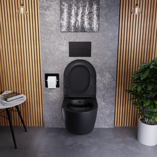 HD Vario Matt Black perem nélküli mély öblítésű íves fali WC, bidé funkcióval, slim "A" tetővel és matt fekete zsanérral