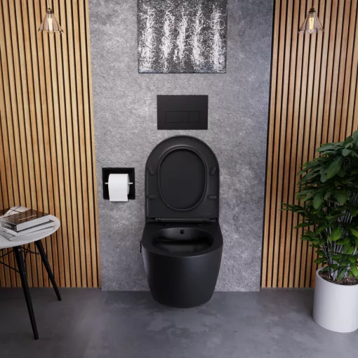 HD Vario Matt Black perem nélküli mély öblítésű íves fali WC, bidé funkcióval, slim "A" tetővel és matt fekete zsanérral