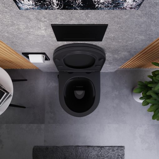 HD Vario Matt Black perem nélküli mély öblítésű íves fali WC, bidé funkcióval, slim "A" tetővel és matt fekete zsanérral