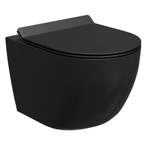 HD Lara Matt Black ultracsendes tornado fali rimless WC slim "F" tetővel és matt fekete zsanérral