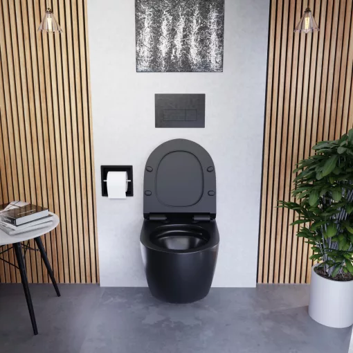 HD Lara Matt Black ultracsendes tornado fali rimless WC slim "F" tetővel és matt fekete zsanérral