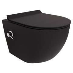   HD Vario Matt Black perem nélküli mély öblítésű íves fali WC, krómozott bidé funkcióval, slim "F" tetővel és matt fekete zsanérral
