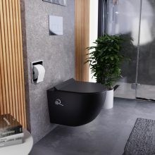 HD Vario Matt Black perem nélküli mély öblítésű íves fali WC, krómozott bidé funkcióval, slim "F" tetővel és matt fekete zsanérral