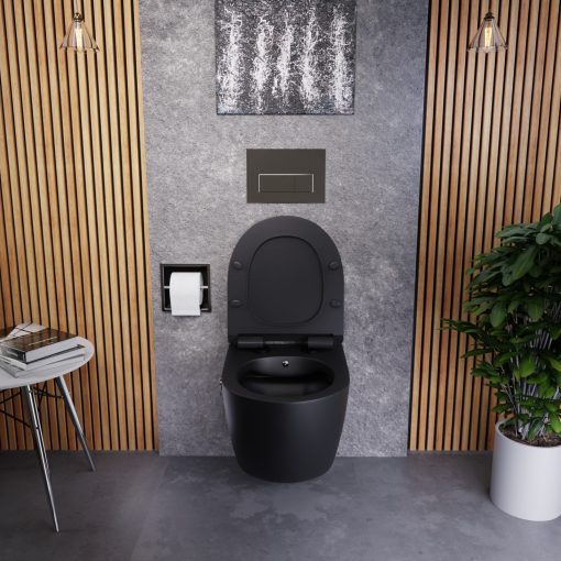 HD Vario Matt Black perem nélküli mély öblítésű íves fali WC, krómozott bidé funkcióval, slim "F" tetővel és matt fekete zsanérral