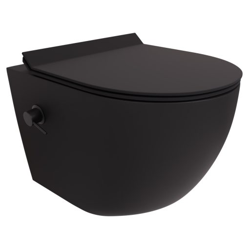 HD Vario Matt Black perem nélküli mély öblítésű íves fali WC, bidé funkcióval, slim "F" tetővel és matt fekete zsanérral