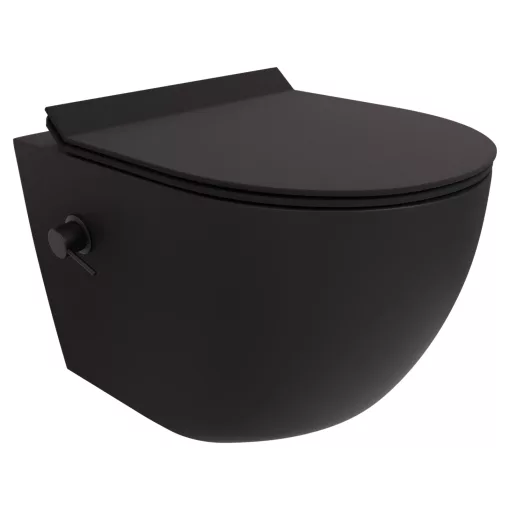 HD Vario Matt Black perem nélküli mély öblítésű íves fali WC, bidé funkcióval, slim "F" tetővel és matt fekete zsanérral