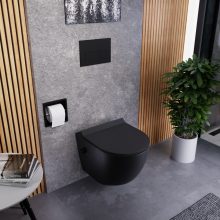 HD Vario Matt Black perem nélküli mély öblítésű íves fali WC, bidé funkcióval, slim "F" tetővel és matt fekete zsanérral