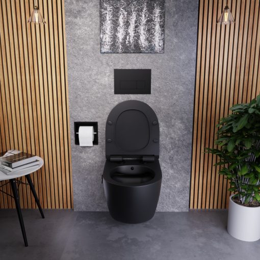 HD Vario Matt Black perem nélküli mély öblítésű íves fali WC, bidé funkcióval, slim "F" tetővel és matt fekete zsanérral
