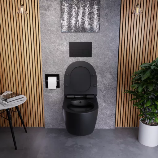 HD Vario Matt Black perem nélküli mély öblítésű íves fali WC, bidé funkcióval, slim "F" tetővel és matt fekete zsanérral
