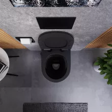 HD Vario Matt Black perem nélküli mély öblítésű íves fali WC, bidé funkcióval, slim "F" tetővel és matt fekete zsanérral
