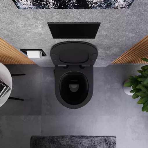 HD Vario Matt Black perem nélküli mély öblítésű íves fali WC, bidé funkcióval, slim "F" tetővel és matt fekete zsanérral