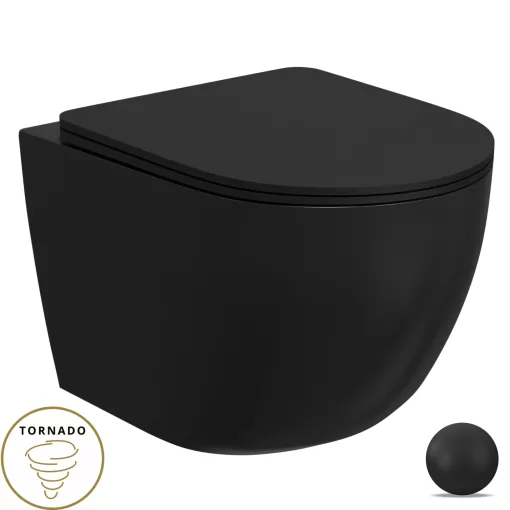 HD Lara Matt Black ultracsendes tornado fali rimless WC slim "P" tetővel és matt fekete zsanérral