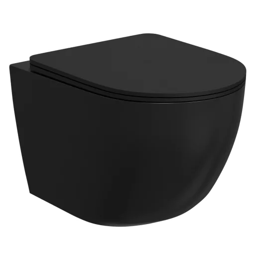 HD Lara Matt Black ultracsendes tornado fali rimless WC slim "P" tetővel és matt fekete zsanérral