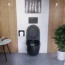 HD Lara Matt Black ultracsendes tornado fali rimless WC slim "P" tetővel és matt fekete zsanérral