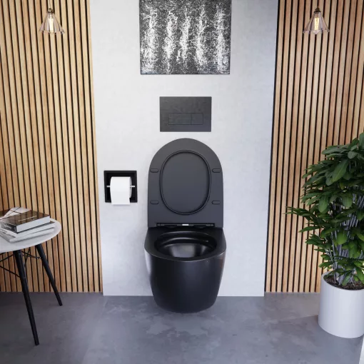 HD Lara Matt Black ultracsendes tornado fali rimless WC slim "P" tetővel és matt fekete zsanérral