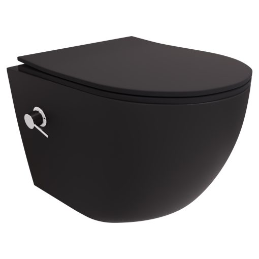 HD Vario Matt Black perem nélküli mély öblítésű íves fali WC, krómozott bidé funkcióval, slim "P" tetővel és matt fekete zsanérral