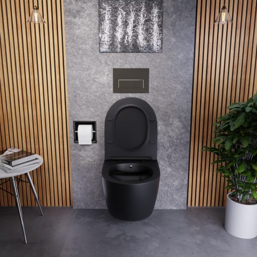 HD Vario Matt Black perem nélküli mély öblítésű íves fali WC, krómozott bidé funkcióval, slim "P" tetővel és matt fekete zsanérral